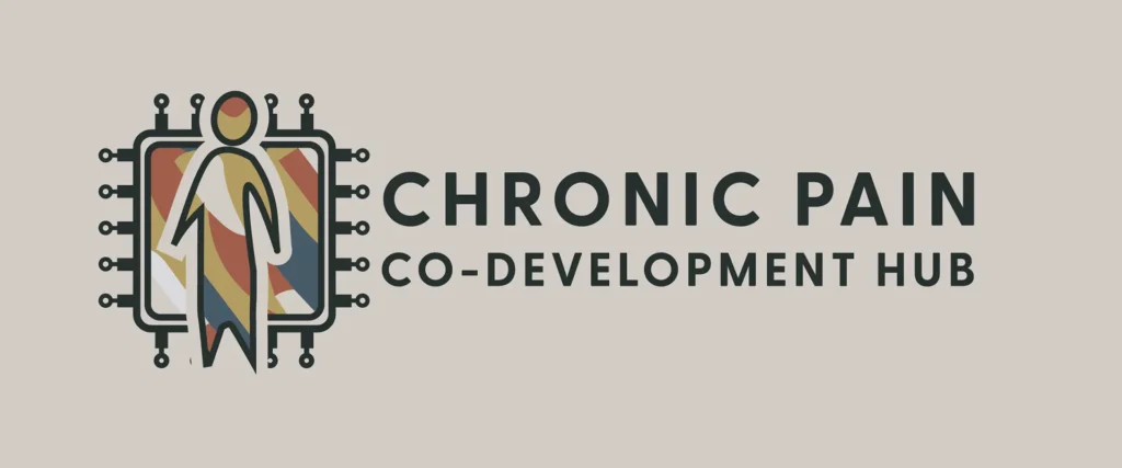 Completed branding for the Chronic Pain Co-Development Hub project. Image shows the logo of an abstract person positioned on top of a central processing unit (CPU)