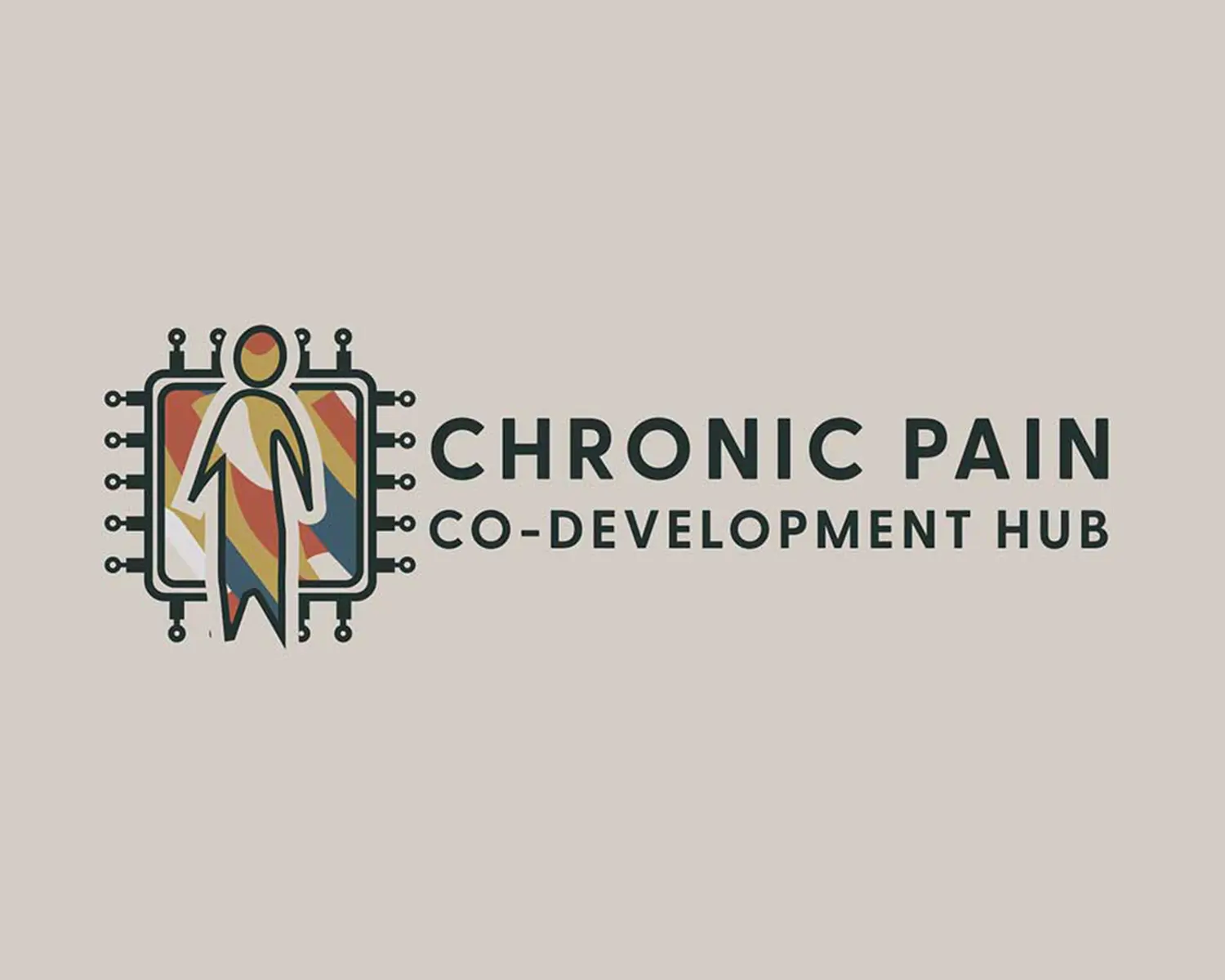Image of a completed MADE BY WOODSMOKE branding project for the Chronic Pain Co-Development Hub. Image shows the logo of a person against a computer processing chip with the typography of the brand.
