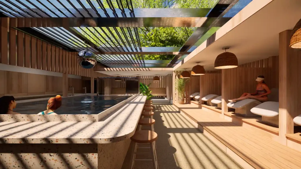 Architectural visualisation of the Ibiza bar at the FFOLKESPA showing the heated loungers and the swimming pool.