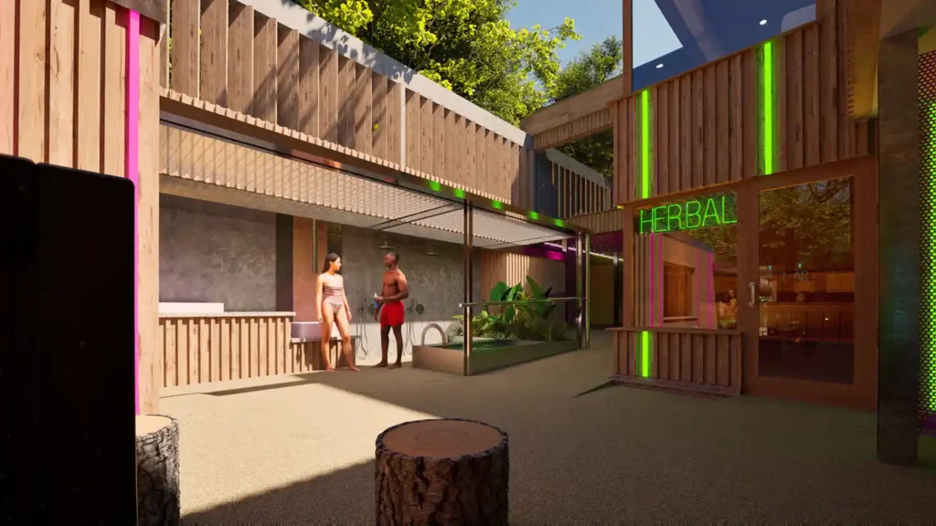 Architectural visualisation of the cold plunge area at the FFOLKESPA showing the Herbal sauna and cold plunge pool.