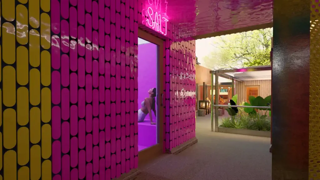 CGI image of the steam room area at the FFOLKESPA, featuring colourful tiles and planting, as well as someone inside a steam room.