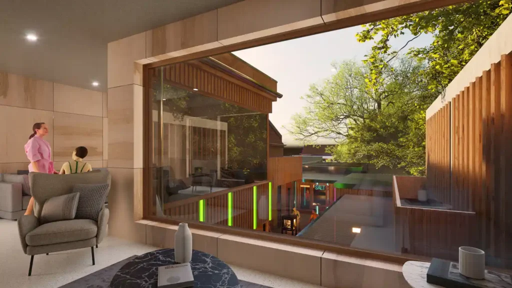 CGI image of the post treatment waiting area at the FFOLKESPA, showing the seating and large windows that overlook the sauna.