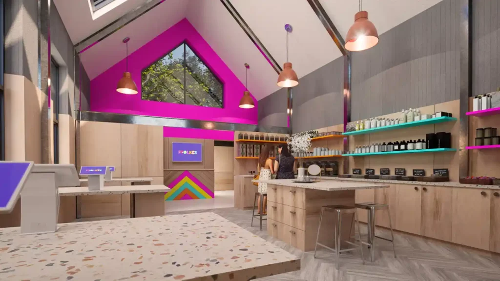 CGI image of the Ffolkes Spa Reception showing the check in desks and products that are available to purchase in the shop.