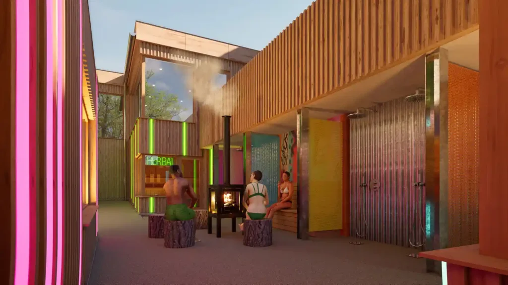 CGI image of the sauna area at the FFOLKESPA, showing the showers, sauna rooms and spa guests gathered around a wood burner.