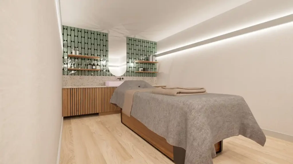 Architectural visualisation of one of the treatment rooms at the FFOLKESPA, showing the treatment bed and calm interior finishes.