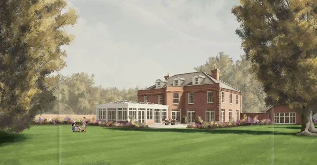 An architectural visualisation of a new build Georgian style house in Norfolk.