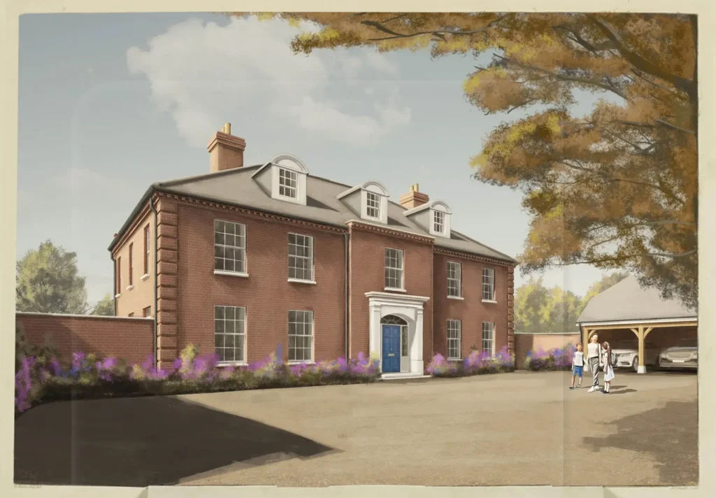 Front perspective of Georgian House in Holt with brick façade and sash windows