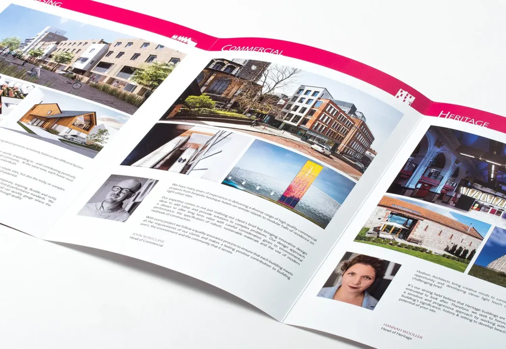 Inside one of the three panel booklets showing projects associated with each sector Hudson Architects operates in.