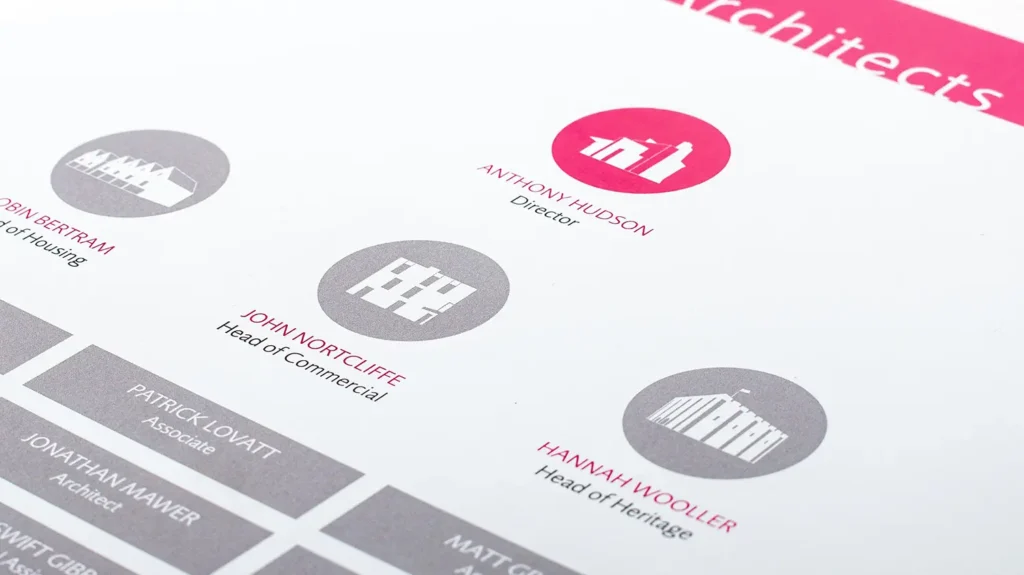Close up photograph of the pink and grey illustrated icons to represent each sector.