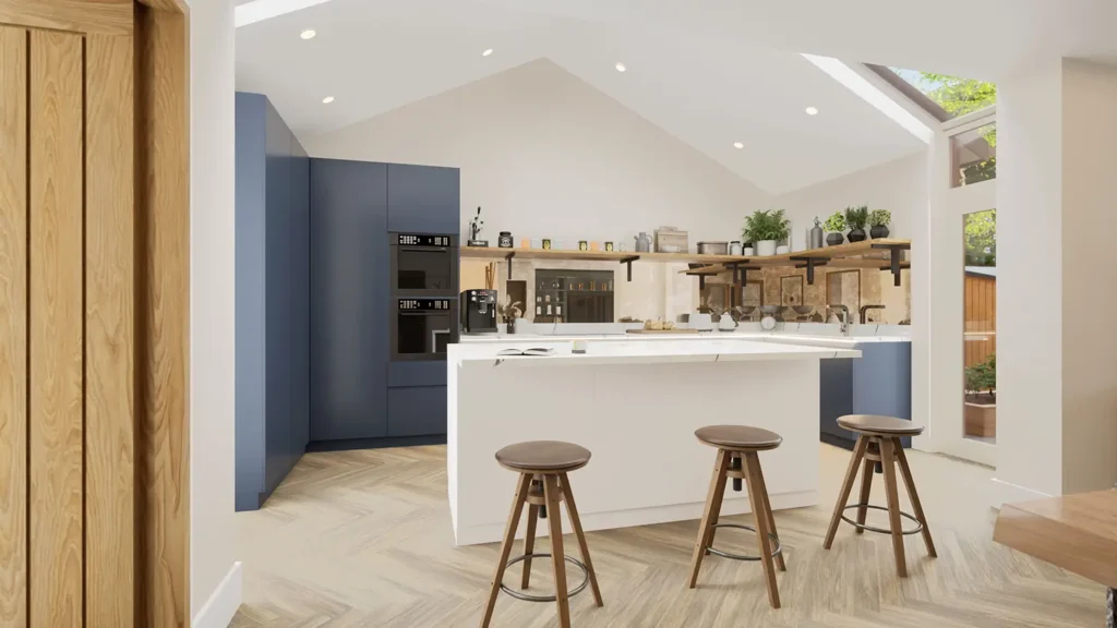 The Lodge, Drayton kitchen in real‑time visualisation with painted wall finish.