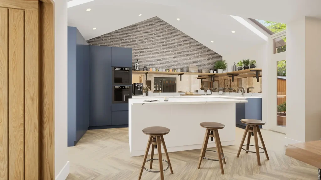 The Lodge, Drayton kitchen in real‑time visualisation with grey brick wall finish.