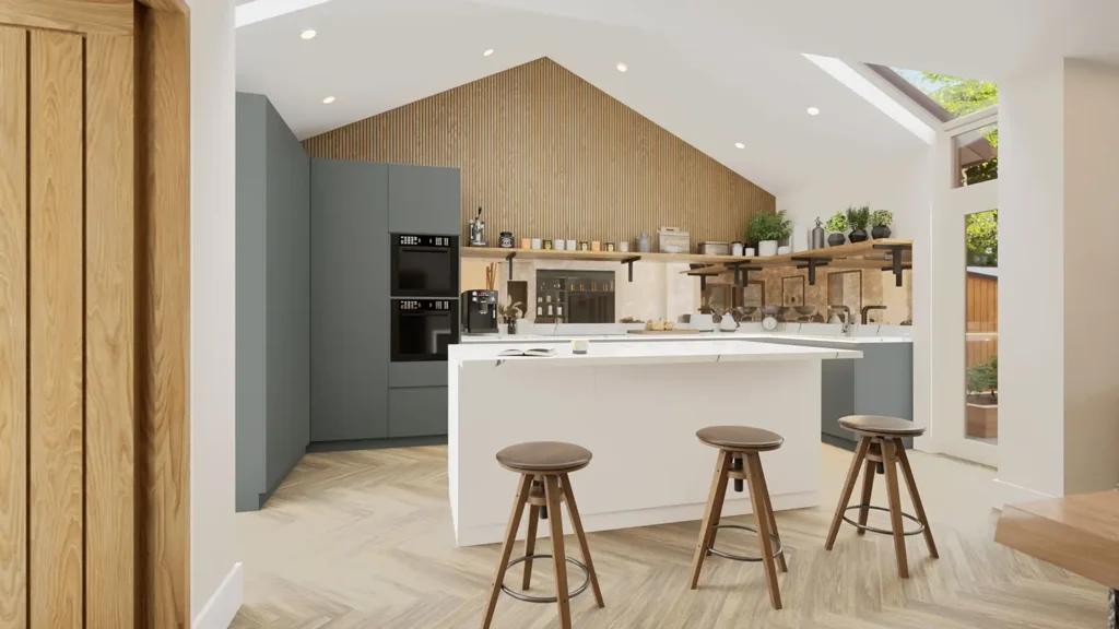 The Lodge, Drayton kitchen in real‑time visualisation with natural timber cladding.