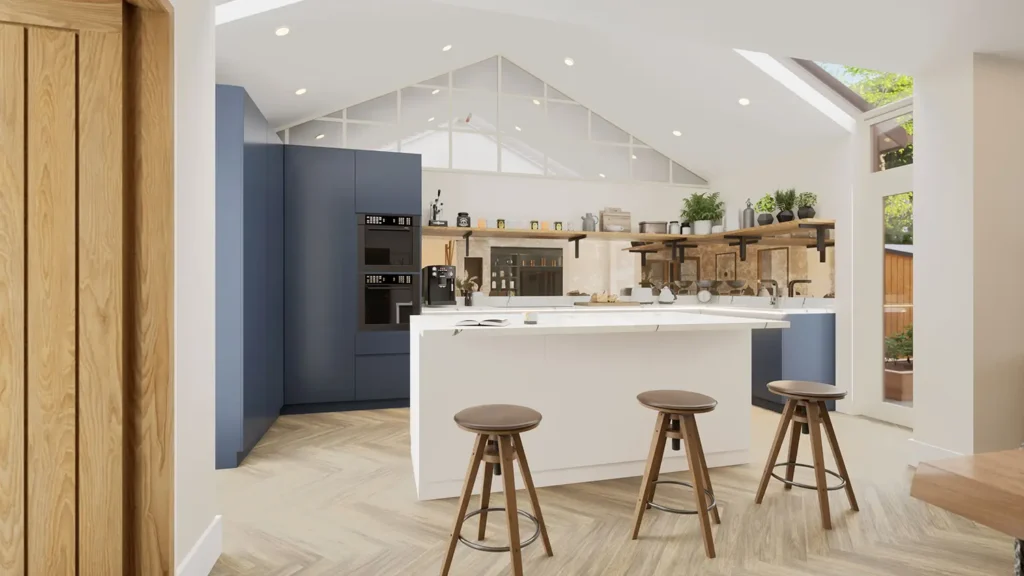 The Lodge, Drayton kitchen in real‑time visualisation with mirror wall, light frame.