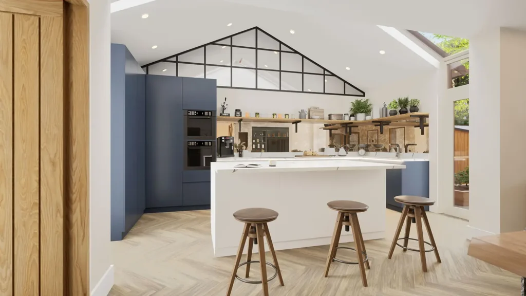 The Lodge, Drayton kitchen in real‑time visualisation with mirror wall, dark frame.