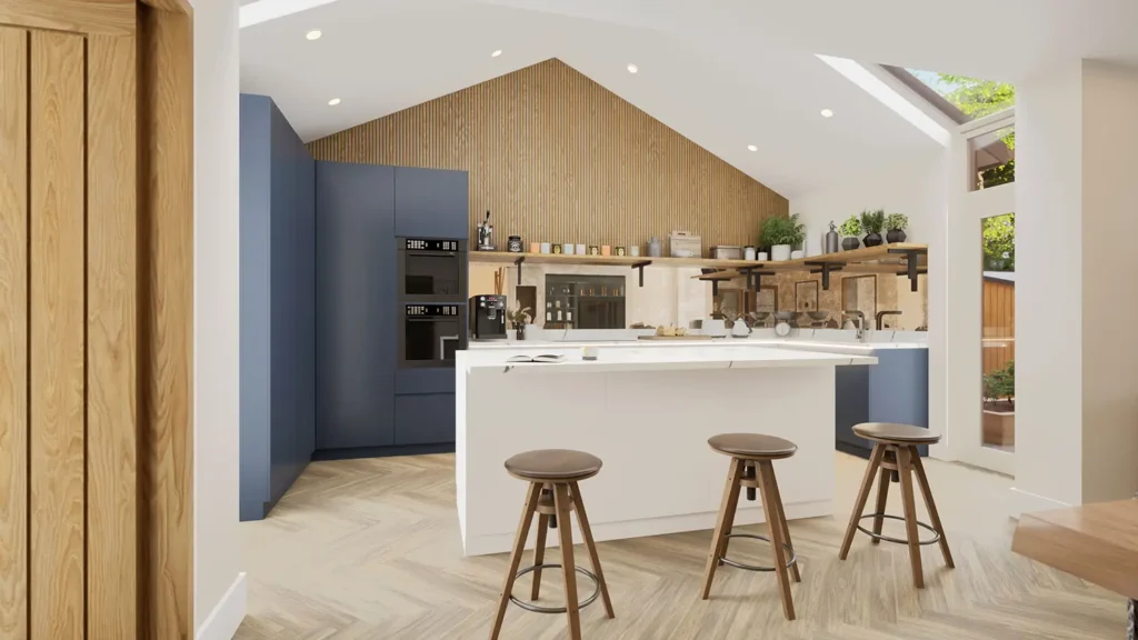 The Lodge, Drayton kitchen in real‑time visualisation with natural timber cladding.