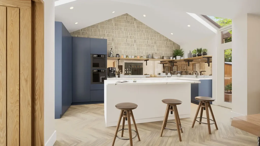 The Lodge, Drayton kitchen in real‑time visualisation with beige tile wall finish.