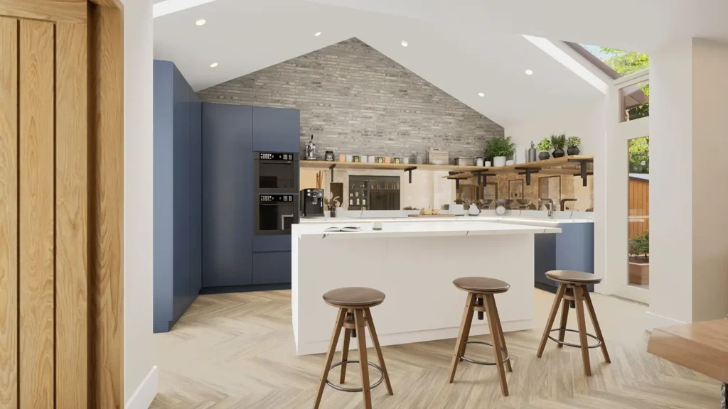 The Lodge, Drayton kitchen in real‑time visualisation with grey brick wall finish.