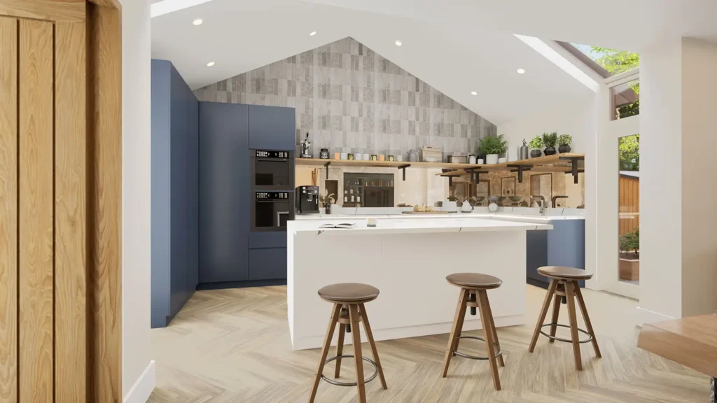 The Lodge, Drayton kitchen in real‑time visualisation with neutral tile wall finish.