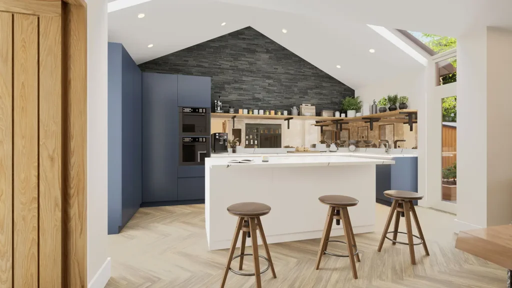The Lodge, Drayton kitchen in real‑time visualisation with slate tile wall finish.