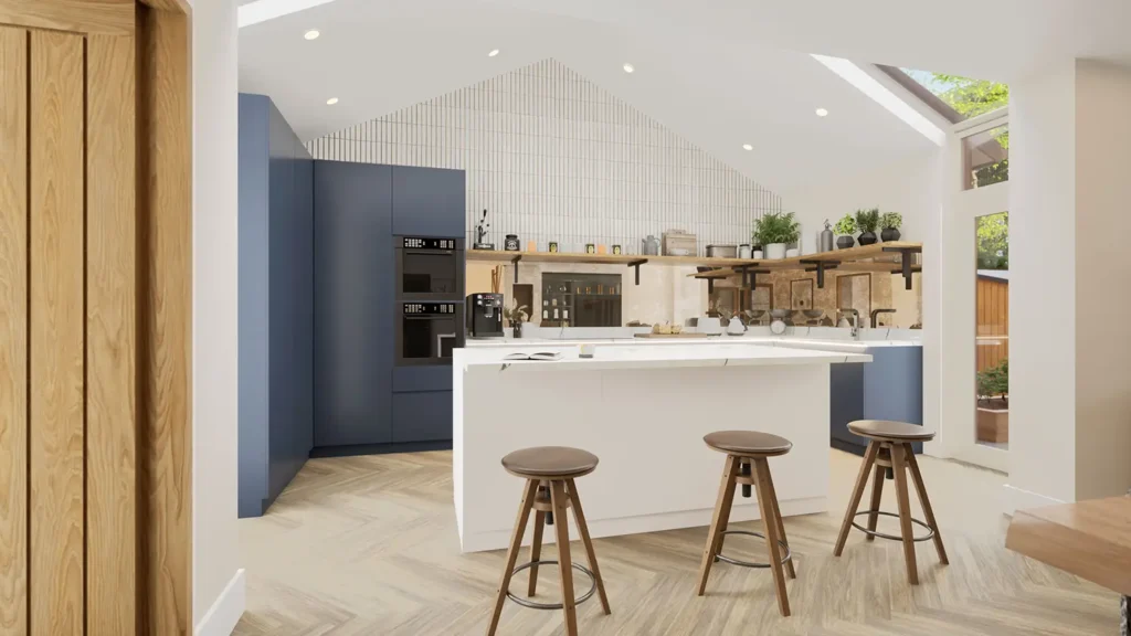 The Lodge, Drayton kitchen in real‑time visualisation with vertical white tile finish.