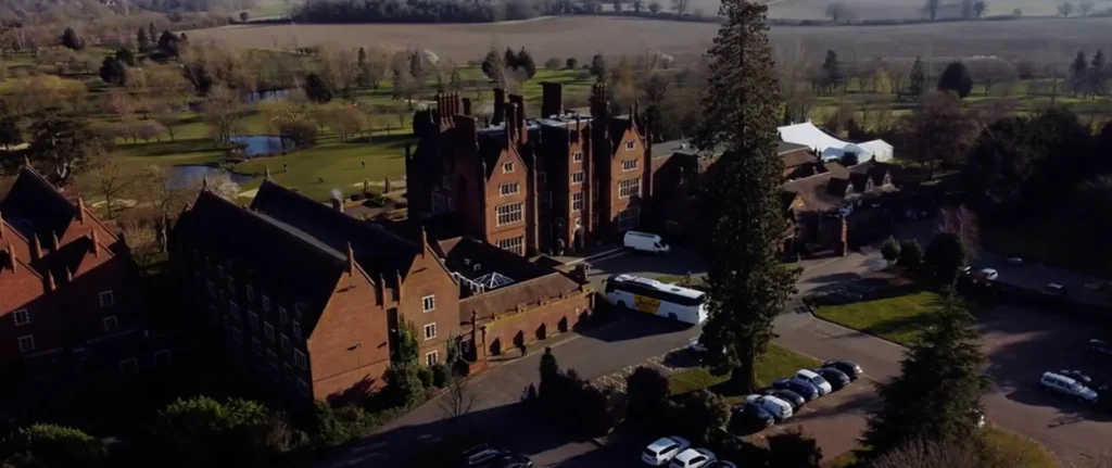 Still from the Nuffield Farming Scholars CSC event video, showing an aerial drone view of Dunston Hall in Norfolk.