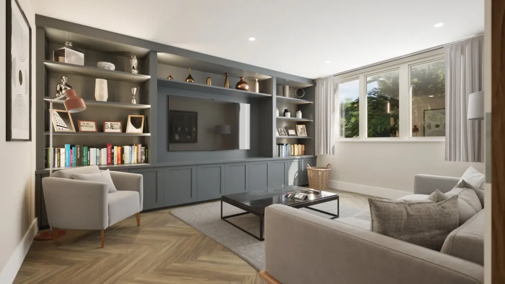 Interior architectural visualisation of a living room, showing how the space will feel when it's finished.
