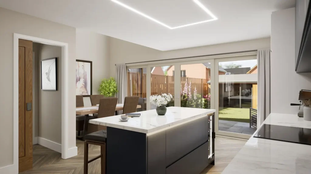 Kitchen visualisation of a new kitchen at The Lodge, Drayton. Image shows an island unit with a marble worktop, a dining table and chairs, bifold doors and a garden beyond.