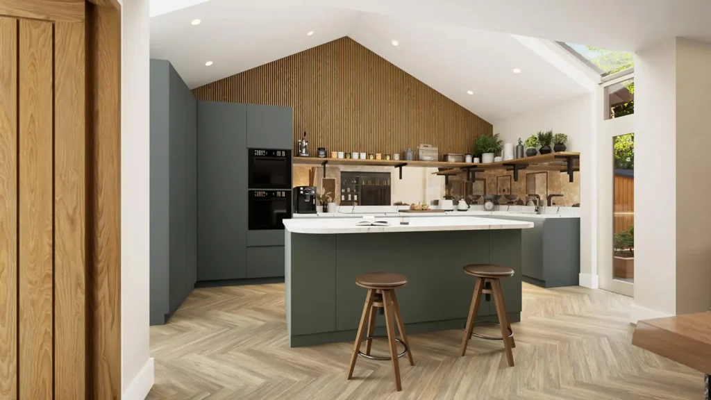 Internal architectural visualisation of a modern kitchen, showing materials, furniture and what it will be like to live in the space.