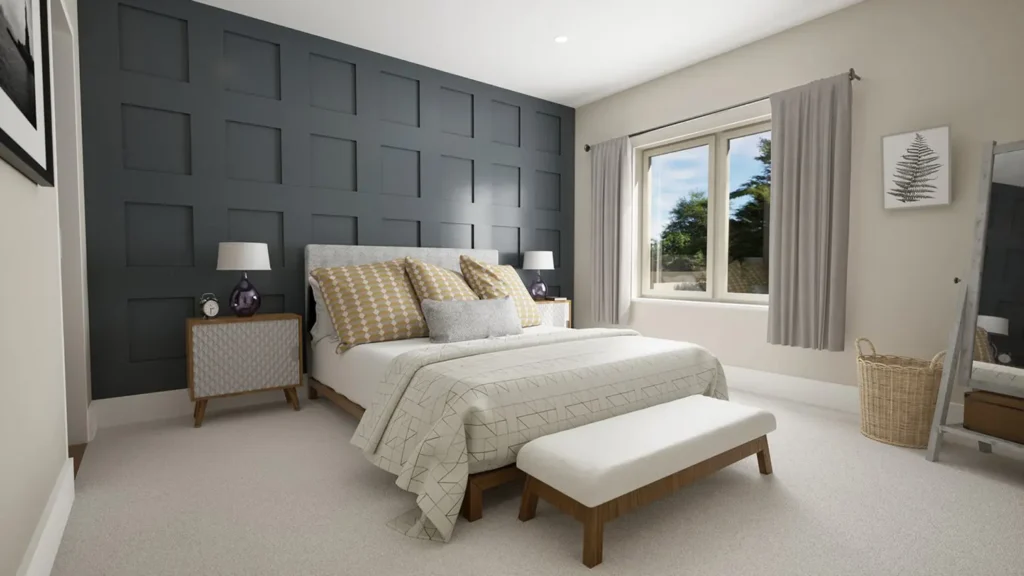 Interior visualisation of one of the bedrooms at The Lodge, Drayton. Image shows a king sized bed with grey timber panelling, a window and the view beyond.