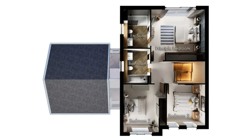 First floor 3D plan of a new-build house at The Lodge, Drayton. Plan shows the room layout, finishes and furniture.