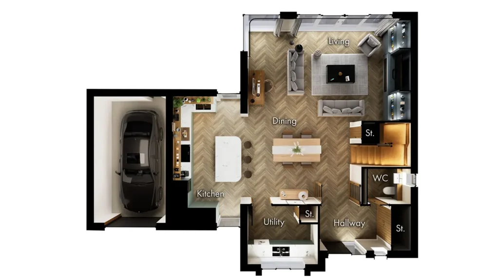 Ground floor 3D plan of a new-build house at The Lodge, Drayton. Plan shows the room layout, finishes and furniture.
