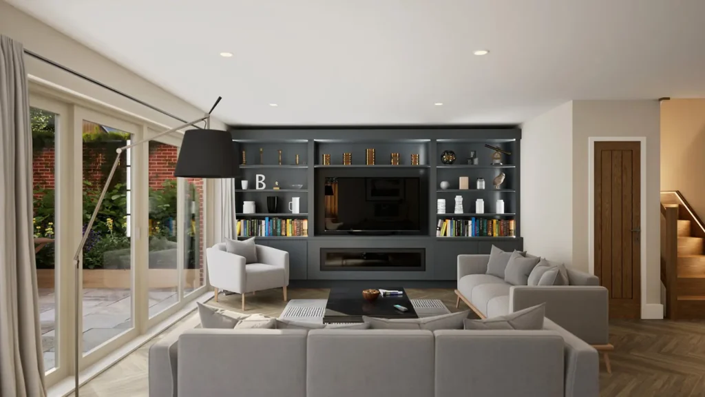 Interior visualisation of a lounge at The Lodge, Drayton. Image shows a media unit furnished with a TV, decorative objects and books.