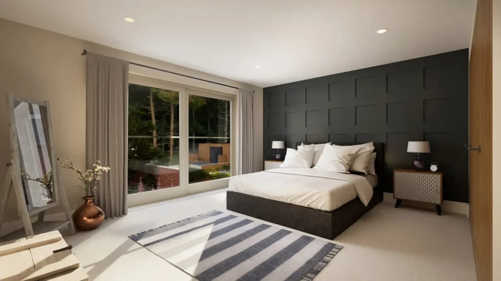 Interior CGI of a principal bedroom at The Lodge, Drayton. Image shows a large bed and a rug, with grey timber panelling, a window and trees outside.