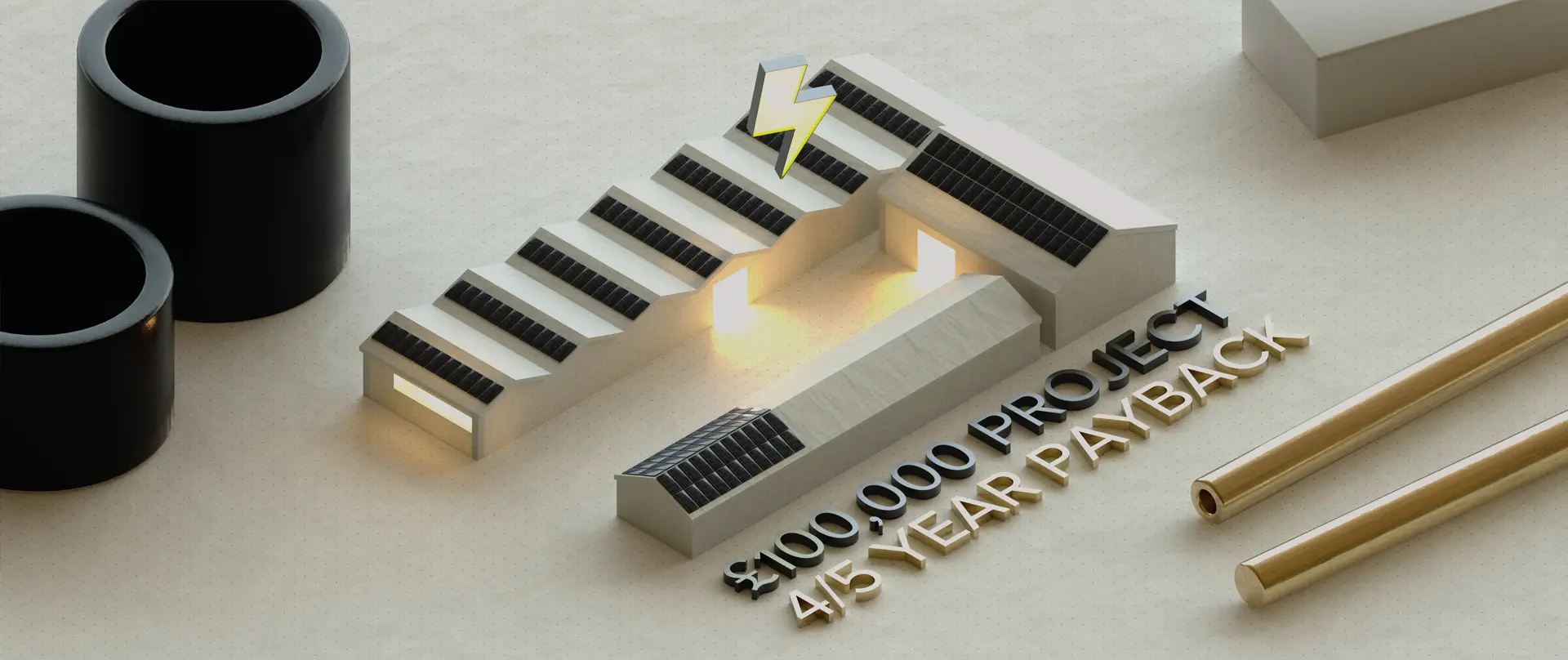 Computer generated still from an infographic animation showing how a factory is powered by solar power.