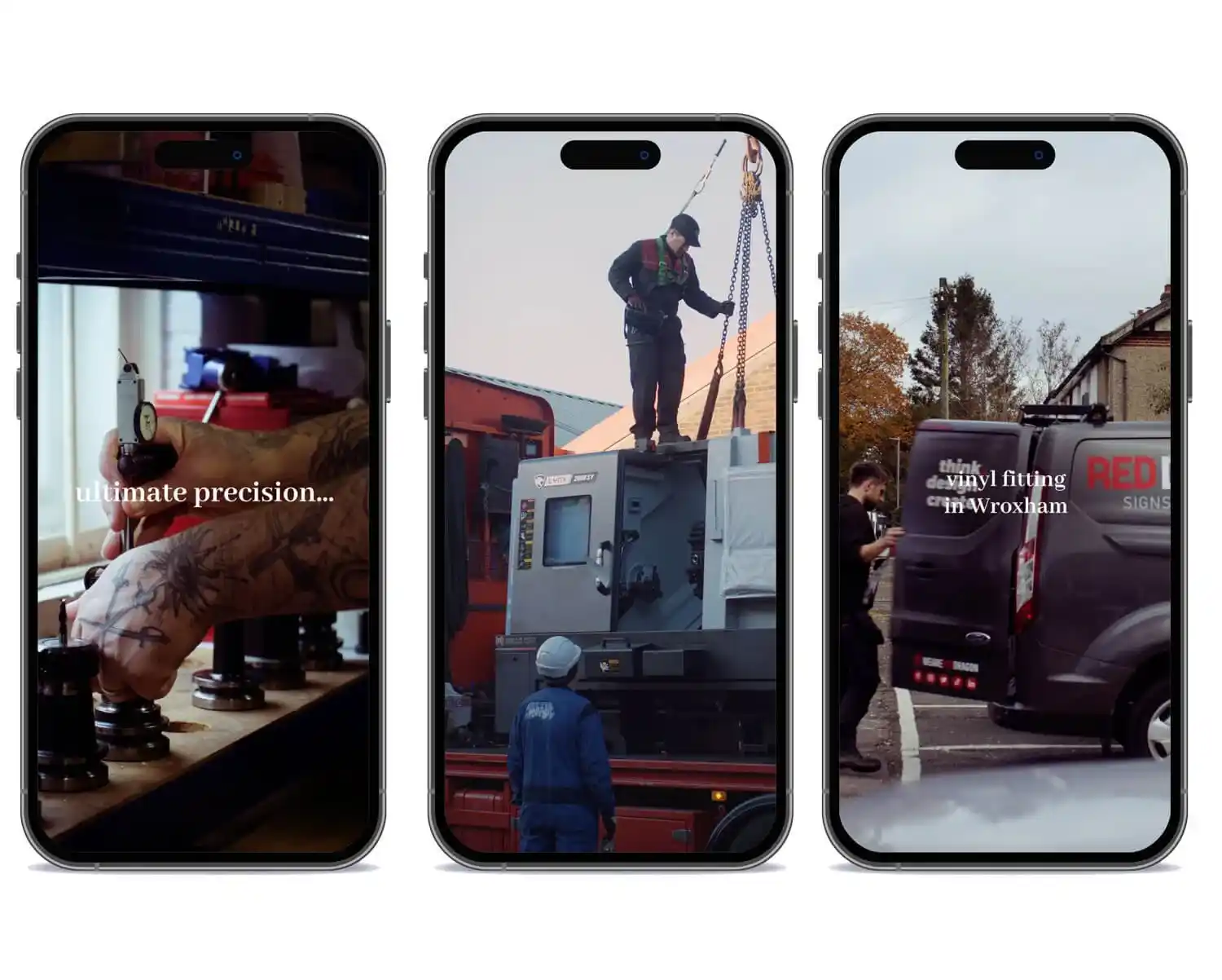 A mockup of three iPhones showing social media content produced for Redco, a manufacturing firm in Norwich, Norfolk.