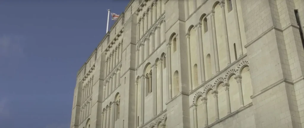 Still from The Big Draw event video showing the front facade of Norwich Castle.