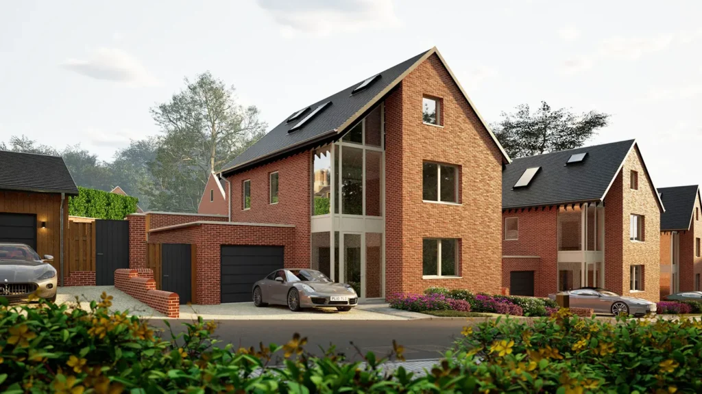 Architectural visualisation of Holkham House at The Lodge, Drayton. Image shows a brick built, new-build house.