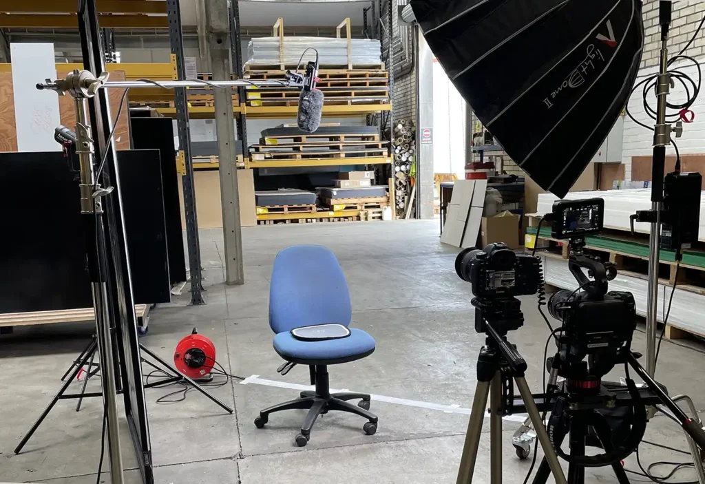 Behind the scenes photograph of the set for a case study video.