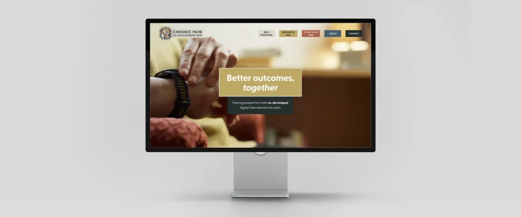 Mockup of the Chronic Pain Co-Development Hub website shown on an Apple Display.