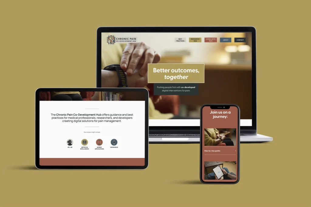 The Chronic Pain Co-Development Hub website displayed on a laptop, tablet and phone. Illustrating the MADE BY WOODSMOKE Launch Kit bundle.