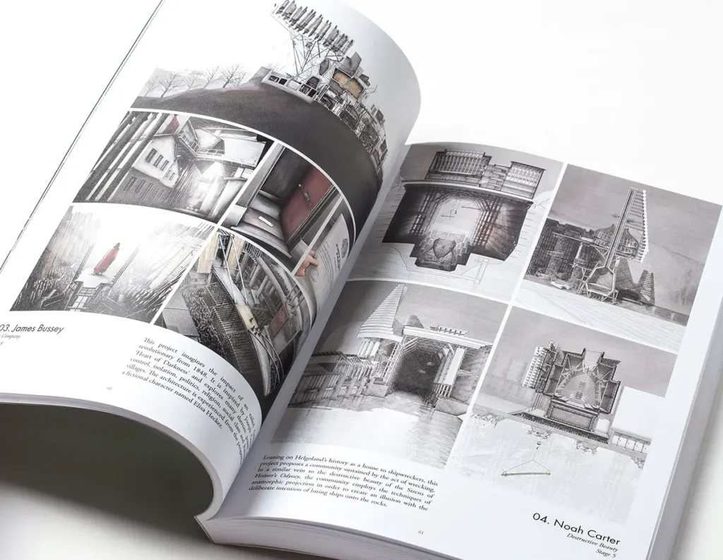 Interior pages of the Kent School of Architecture catalogue showing student work and text laid out on the page.