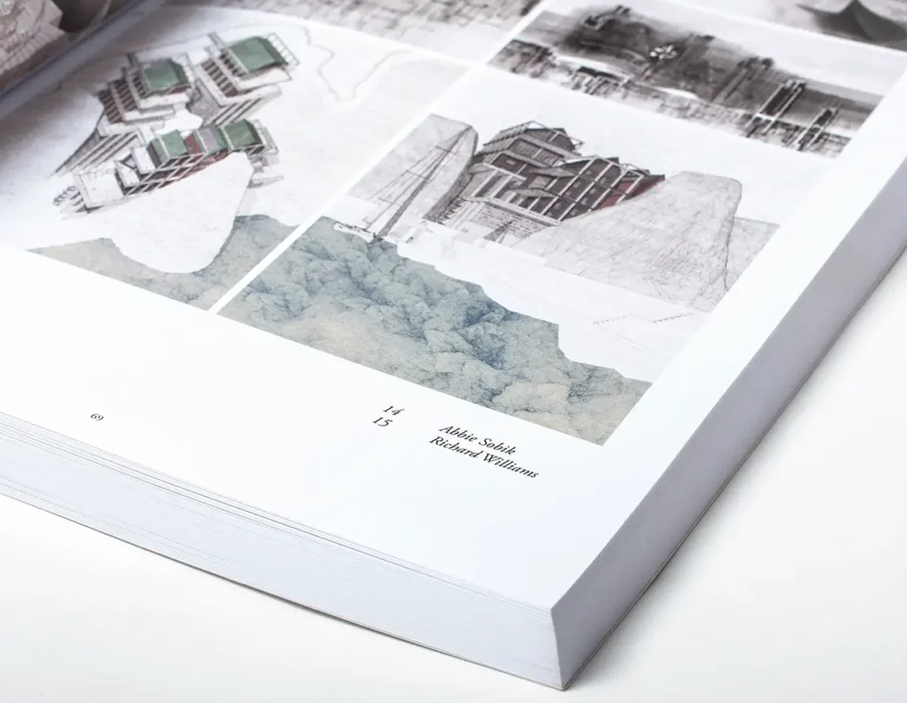 Photograph of the interior of the Kent School of Architecture catalogue, showing student work