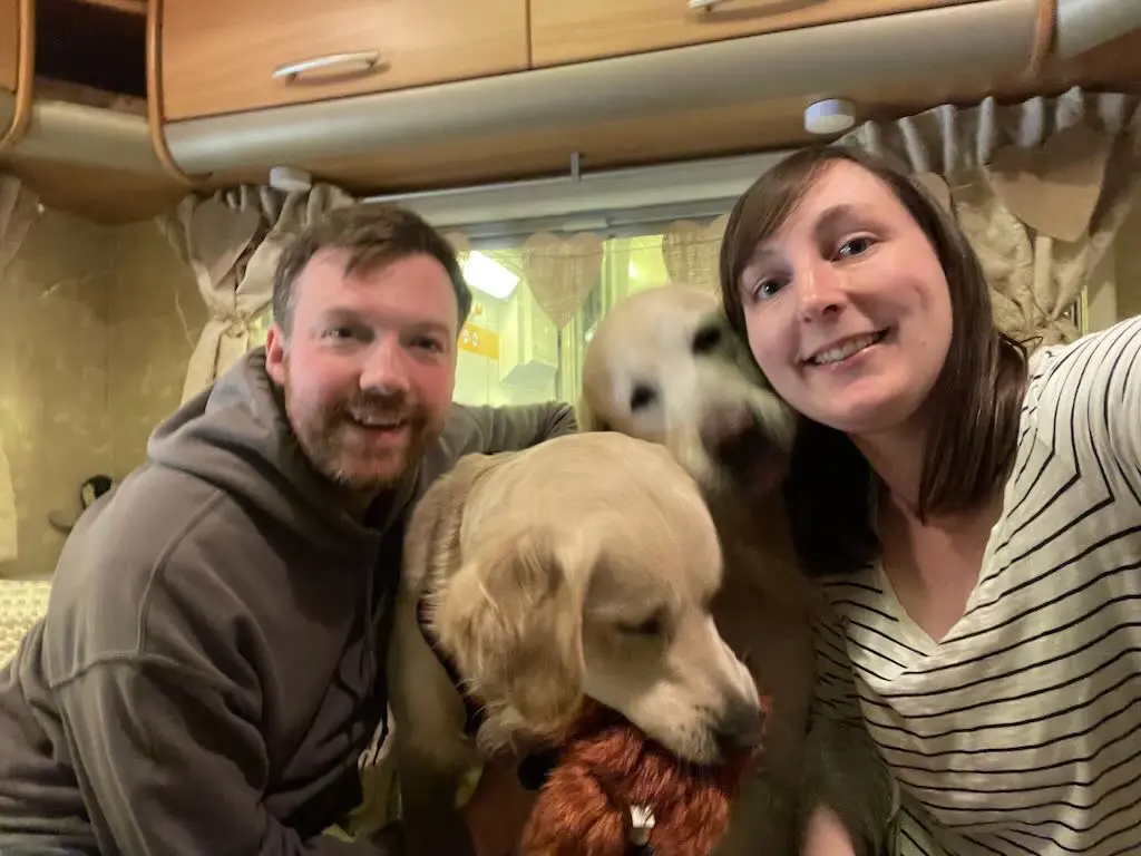 Photograph of James, Kirsty, Eddie and Herbie on the Eurostar as they depart England for the start of their road trip across Europe.