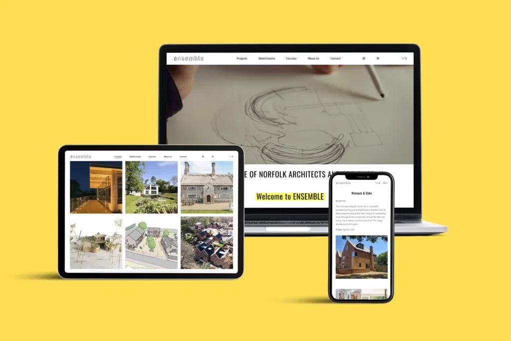 Mockup of the ENSEMBLE website displayed on a laptop, tablet and mobile phone.