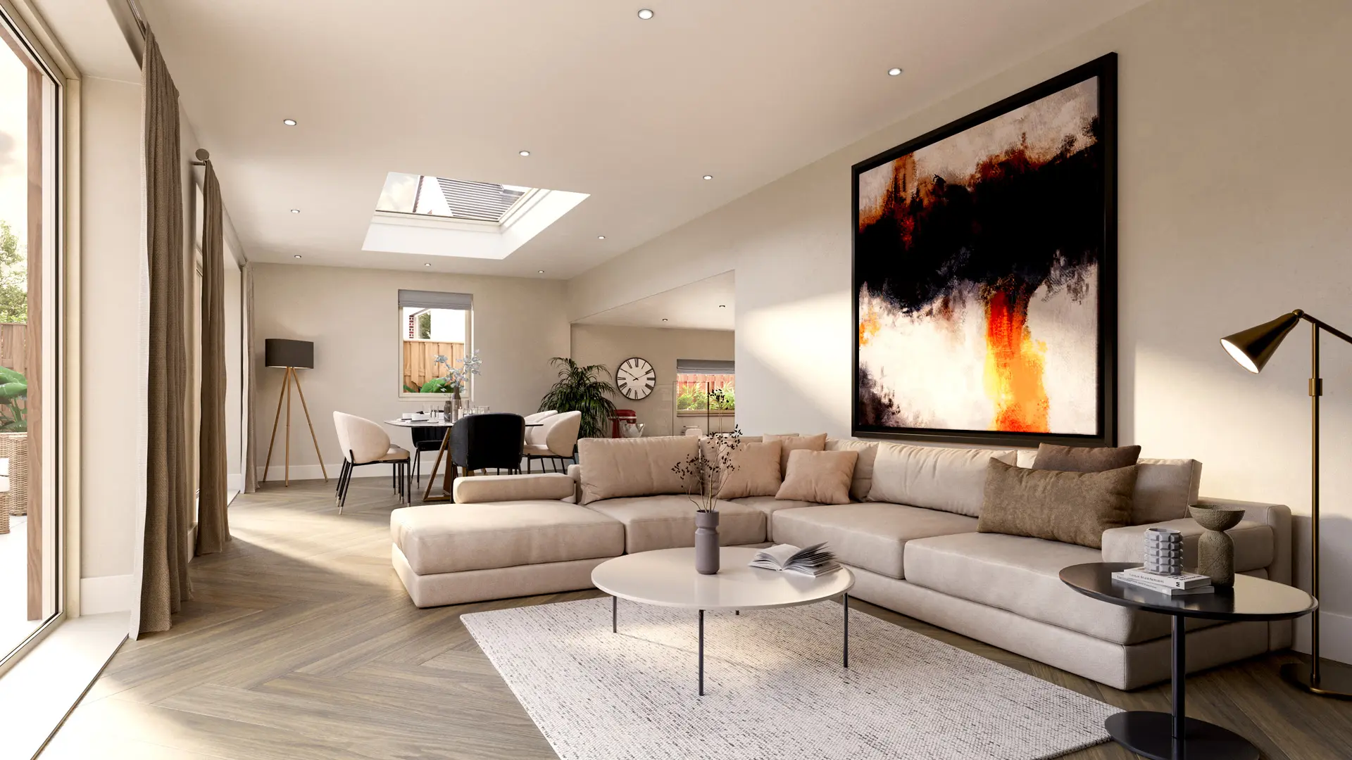 CGI render of the lounge and dining space of Holkham House