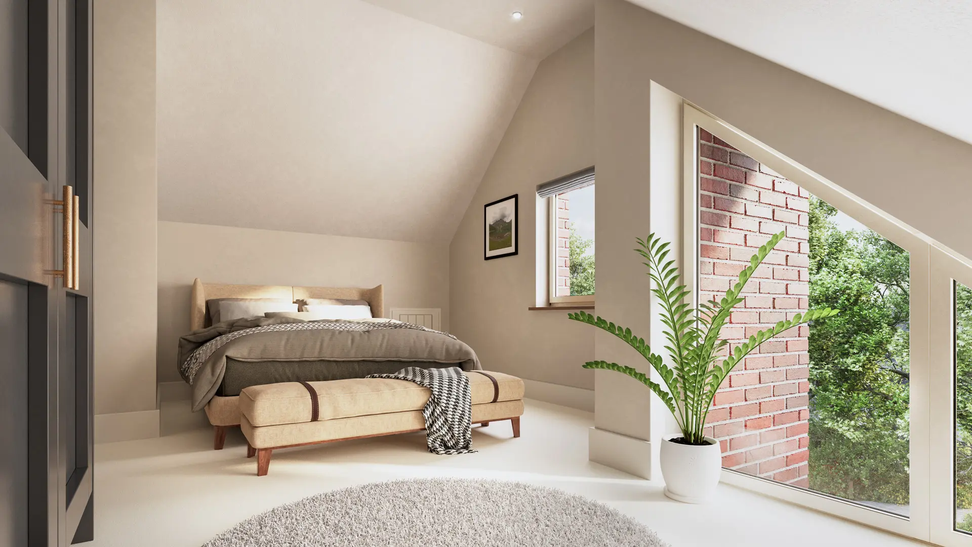 Interior render of bedroom 2 at Holkham House
