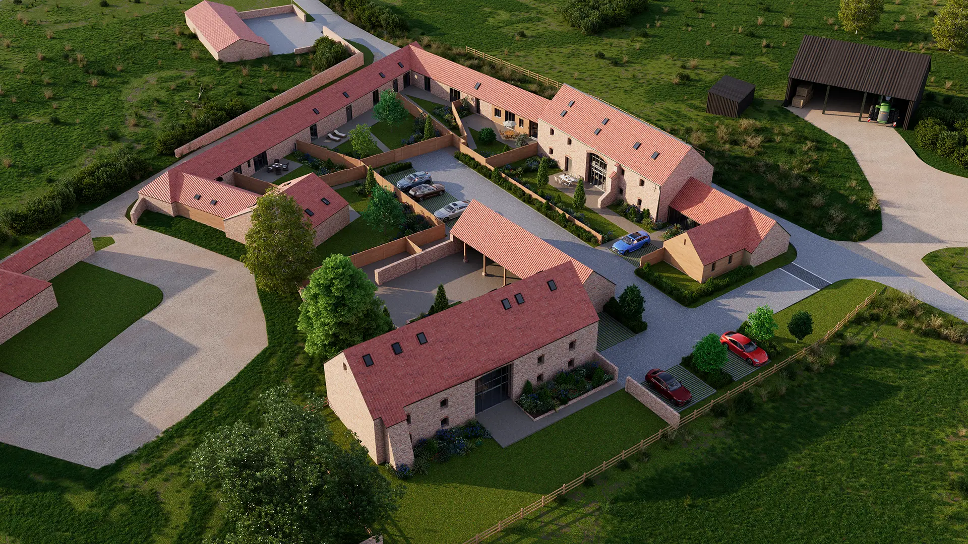 Aerial CGI rendering of the Glover Barns barn conversion from the East