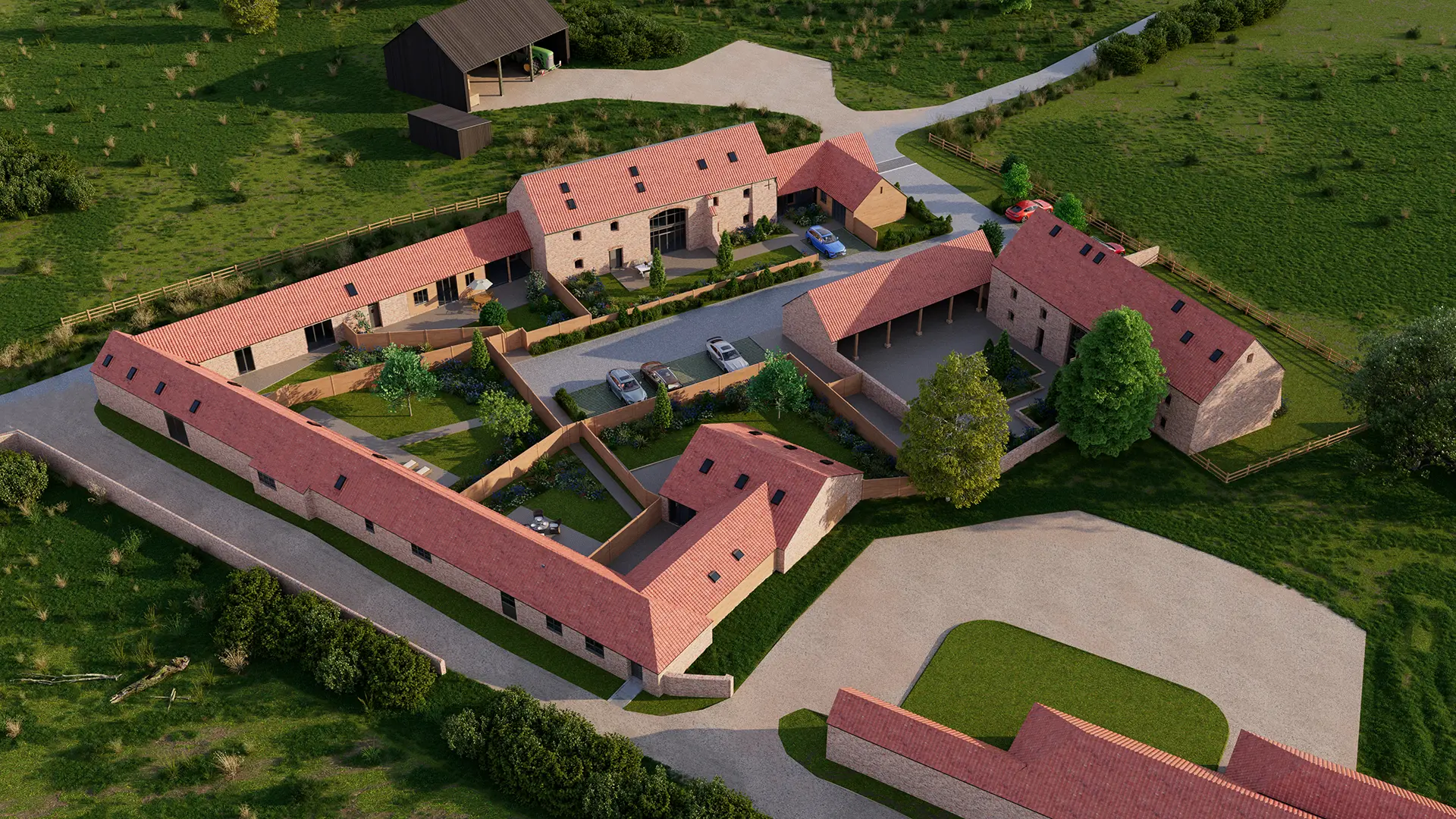 Aerial rendering of the Glover Barns barn conversion in Norfolk from the West