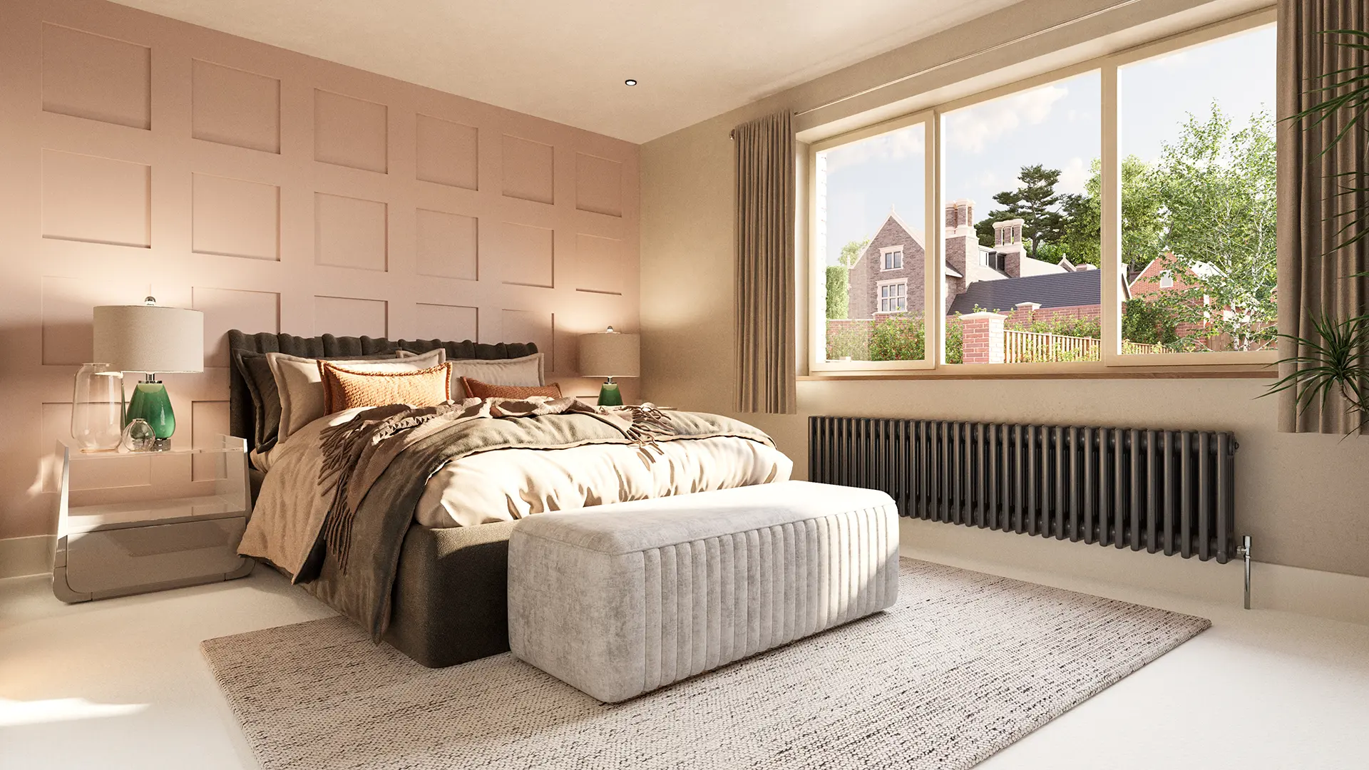 CGI rendered image of the master bedroom at Wells House