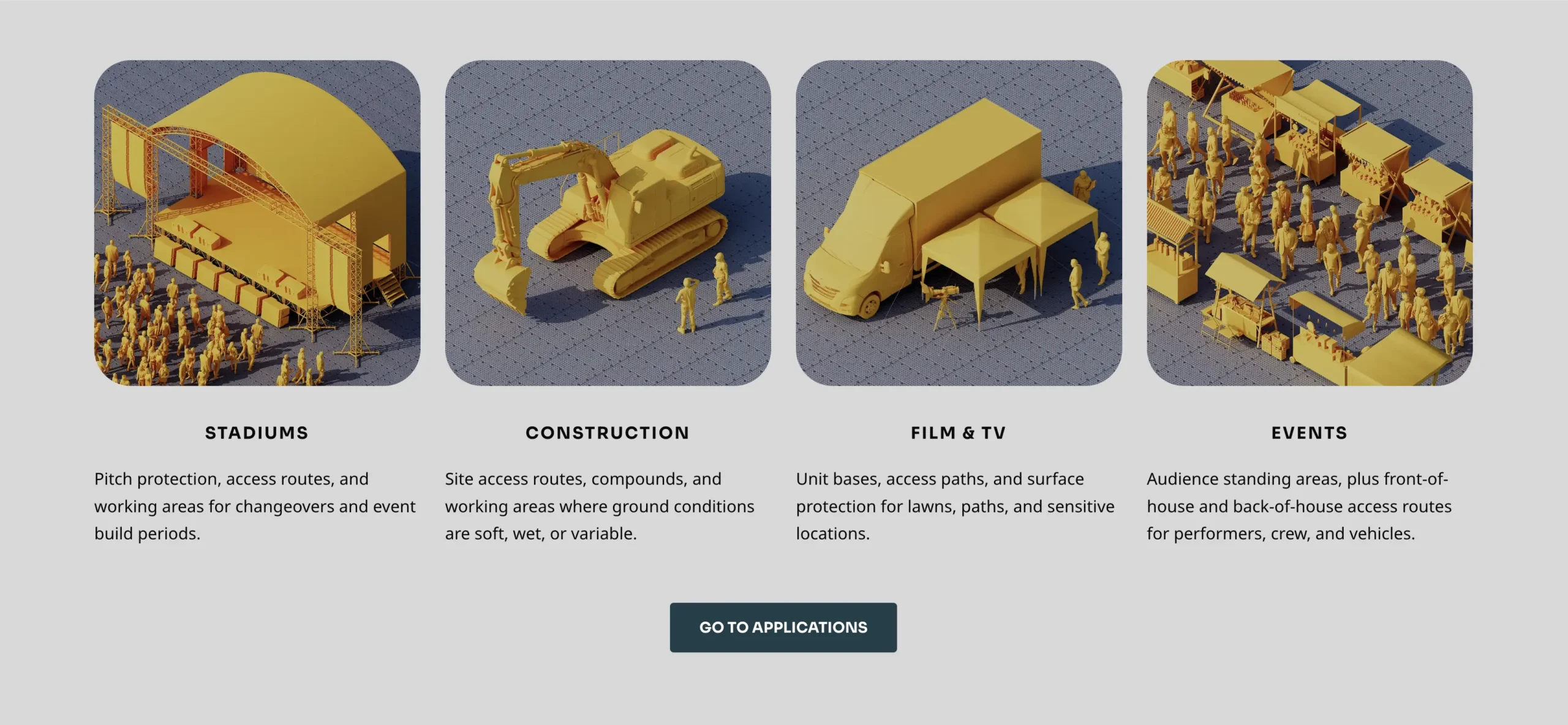 Screenshot of the Mats Express website showing CGI images of the applications where the mats can be used.